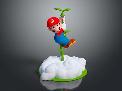 Mario Character Climbing Green Plant Stem With Red Hat Blue Overalls And Cloud Base 3d model
