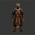 Man In Ancient Warrior Traditional Armor With Turban And Sword Standing