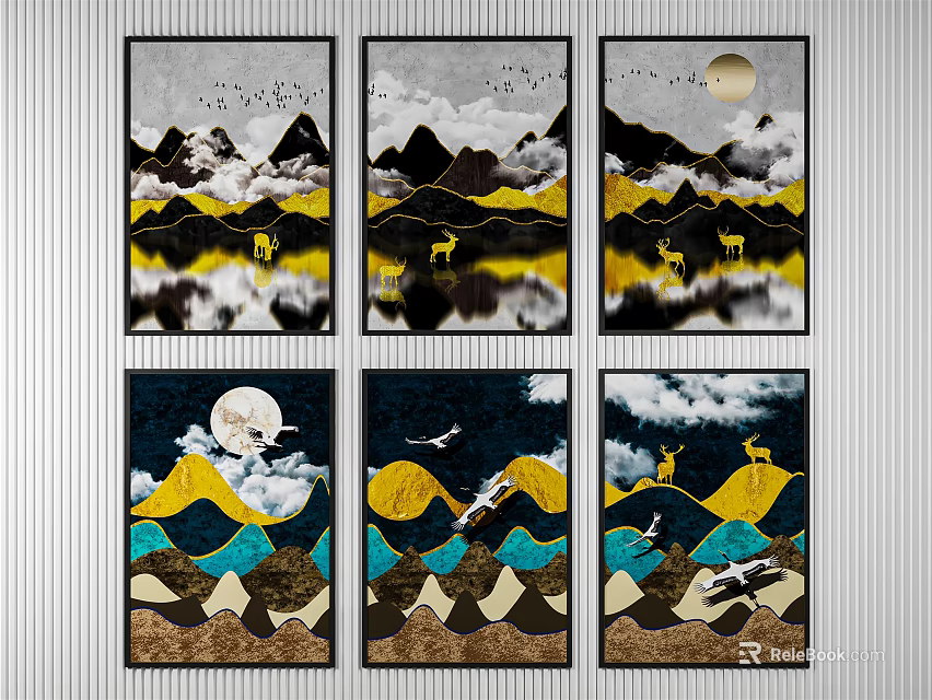 Modern Abstract Mountain Wall Art Featuring Moon Reflections Deer And Birds 3d model
