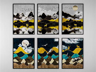 Modern Abstract Mountain Wall Art Featuring Moon Reflections Deer And Birds 3d model