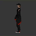 Man in Black Outfit Wearing Cap and Glasses with Arms Extended Red Accents on Pants and Red White Shoes