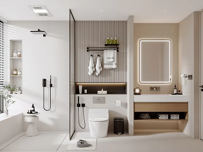 Modern Bathroom Interior With Shower Toilet Vanity Mirror And Storage Shelves 3d model