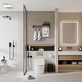 Modern Bathroom Interior With Shower Toilet Vanity Mirror And Storage Shelves