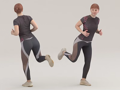Woman In Running Fitness Pose Wearing Black Sportswear With Red Patterns And Beige Sneakers 3d model