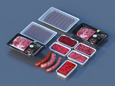 Fresh Packaged Meat Products Including Sausages Steak And Raw Meat Cuts In Plastic Trays 3d model