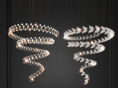 Spiral Shaped Chandeliers With Crystal Beads And Leaf Decor Illuminated In Modern Design 3d model
