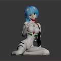 Anime Female Character With Blue Hair White Bodysuit Red Green Accents Kneeling Pose