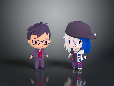 Cartoon Characters in Purple Suit with Glasses and Blue White Hair Hat Design 3d model