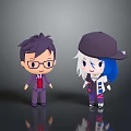 Cartoon Characters in Purple Suit with Glasses and Blue White Hair Hat Design