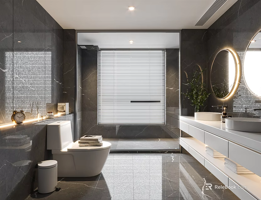 Modern Bathroom Interior With Marble Tiles Double Vanity Round Mirror And Blinds 3d model 