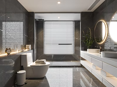 Modern Bathroom Interior With Marble Tiles Double Vanity Round Mirror And Blinds 3d model