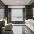 Modern Bathroom Interior With Marble Tiles Double Vanity Round Mirror And Blinds