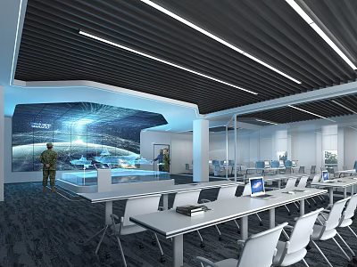 Modern Public Office Area Interior Design With Long Tables White Chairs Laptops And Ceiling Lighting 3d model