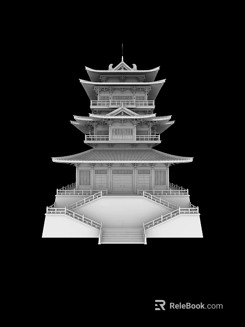 Ancient Architecture Five Story Wooden Tower With Traditional Curved Roofs Ornate Balustrades And Stone Steps 3d model 
