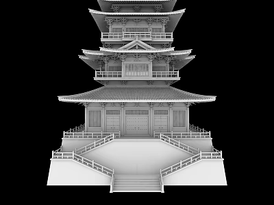 Ancient Architecture Five Story Wooden Tower With Traditional Curved Roofs Ornate Balustrades And Stone Steps 3d model