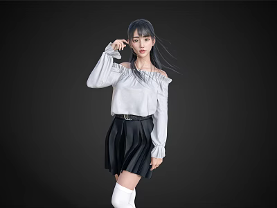 Woman Posing in Off Shoulder White Blouse Black Pleated Skirt and White Thigh High Socks 3d model