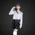 Woman Posing in Off Shoulder White Blouse Black Pleated Skirt and White Thigh High Socks