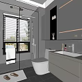 Modern Bathroom Interior With Glass Shower Enclosure Blinds Large Mirror White Toilet And Vanity Lighting