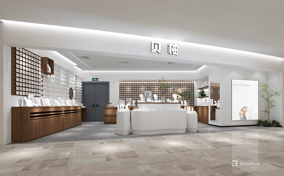 Modern Store Interior Design With Wooden Counters Display Shelves And Bright Lighting 3d model 