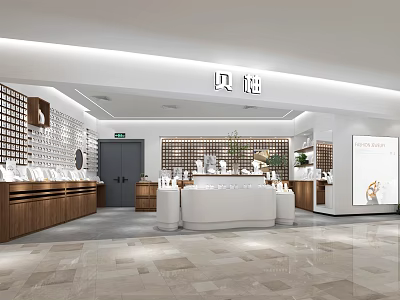 Modern Store Interior Design With Wooden Counters Display Shelves And Bright Lighting 3d model