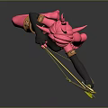 Game Movie Character Pink Horned with Yellow Bow in Black Orange Outfit One Legged Stance