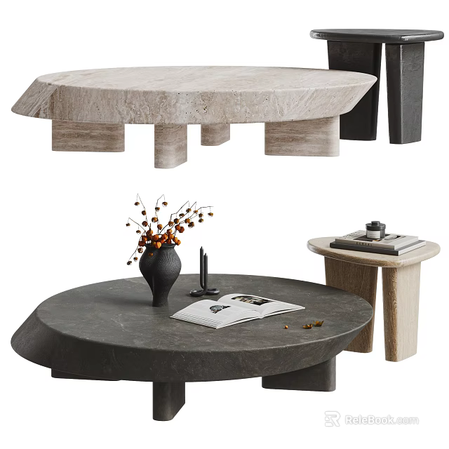 Elegant Round Coffee Table With Black Top Decorative Vase Magazine And Small Side Stool 3d model 