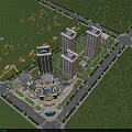 Modern High Rise Residential Buildings Surrounded by Greenery with Central Plaza and Roads
