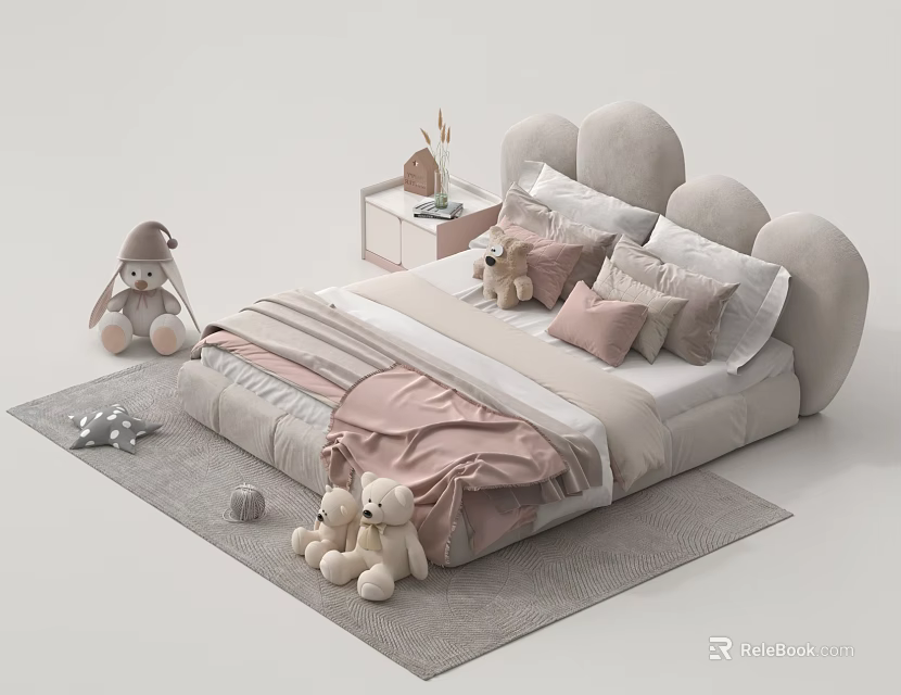 Cute Kids Bed with Cloud Shaped Headboard Pink Beige Bedding and Plush Toys on Rug 3d model 