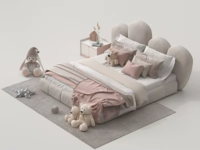 Cute Kids Bed with Cloud Shaped Headboard Pink Beige Bedding and Plush Toys on Rug 3d model