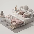 Cute Kids Bed with Cloud Shaped Headboard Pink Beige Bedding and Plush Toys on Rug