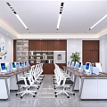 Modern Public Office Space With Office Desks Chairs Computers Large Windows Bookshelves And Wall Decor