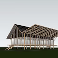 Modern Homestay Building With Wooden Roof Structure And Glass Windows Surrounded By Green Trees