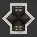 Origami Style Black Building Model With Geometric Folds And Square Glass Windows