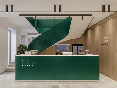 Modern Front Desk Reception With Green Counter Wooden Wall And Spiral Staircase 3d model