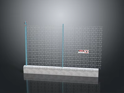 Safety Fence With Metal Mesh Blue Posts Concrete Base And Small Label 3d model