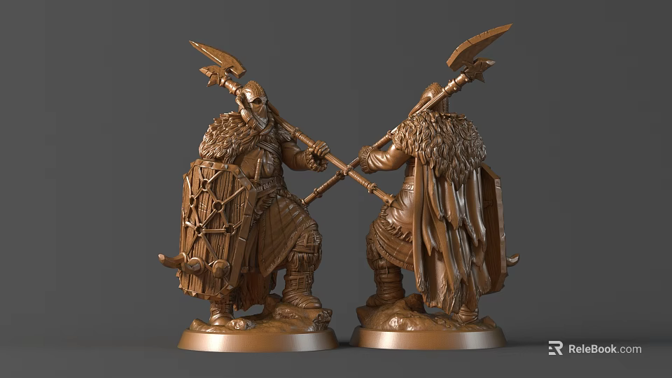 Detailed Warrior Sculptures Carving Holding Axes With Bronze Colored Armor And Intricate Design 3d model 