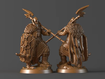 Detailed Warrior Sculptures Carving Holding Axes With Bronze Colored Armor And Intricate Design 3d model