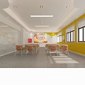 Colorful Preschool Classroom Interior With Cartoon Wall Decor Children Tables Chairs And Large Screen