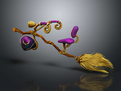 Magical Broom With Wooden Handle Yellow Bristles Purple Seat And Spiral Decorations 3d model