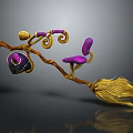 Magical Broom With Wooden Handle Yellow Bristles Purple Seat And Spiral Decorations