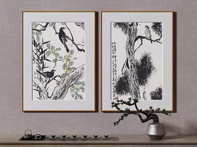 Chinese Style Wall Paintings With Birds And Tree Branches Home Decor 3d model