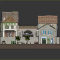 Traditional European Architectural Model With Terracotta Roofs Small Plaza Outdoor Seating And Vintage Car