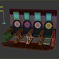 Commercial Equipment With Wooden Platform Multiple Seats Blue Panels Circular Dials And Hanging Lamps
