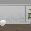 Modern Interior Scene With Large Vertical Blinds Wooden Floor Silver Sphere And Green Plant