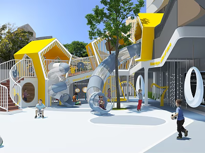 Outdoor Children's Play Area With Yellow Structures Slide Trees And Kids Playing 3d model