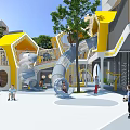Outdoor Children's Play Area With Yellow Structures Slide Trees And Kids Playing