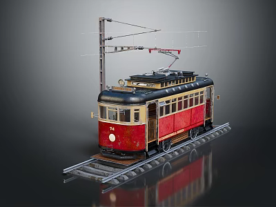 Vintage Red And Black Tram On Railroad Tracks With Overhead Electric Wires 3d model