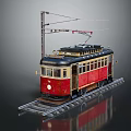 Vintage Red And Black Tram On Railroad Tracks With Overhead Electric Wires
