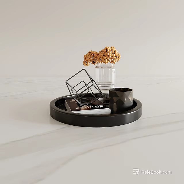Black Ceramic Cup on Round Tray with Dried Flowers Glass Vase on White Marble Surface 3d model 