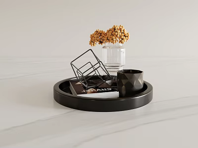Black Ceramic Cup on Round Tray with Dried Flowers Glass Vase on White Marble Surface 3d model